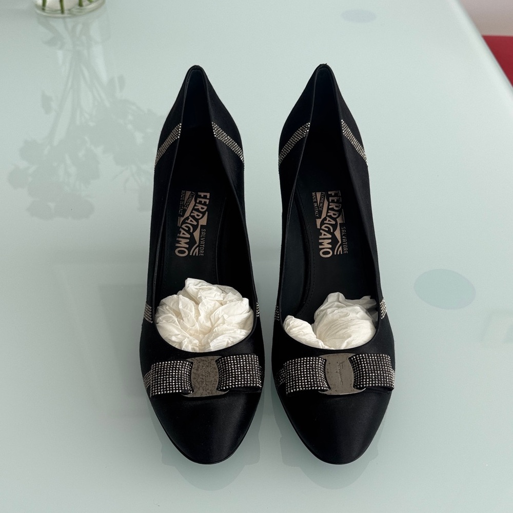 Salvatore Ferragamo Black Satin Heels with Rhinestone Detail